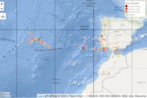 Imagem colorida de mapa que mostra o tremor de terra em Portugal - Metrópoles