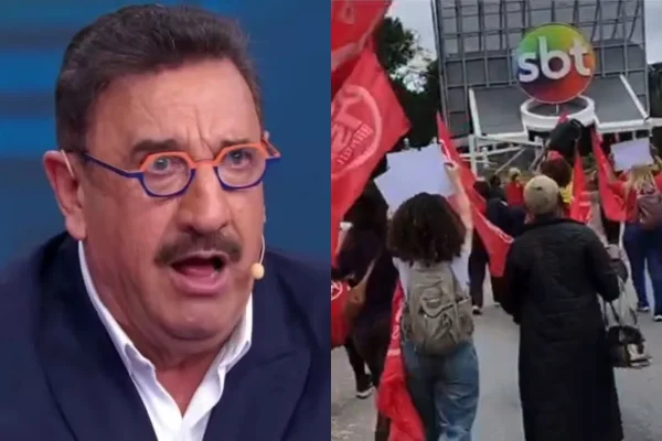 Manifestante fazem protesto na sede do SBT após falas transfóbicas de Ratinho contra Erika Hilton
