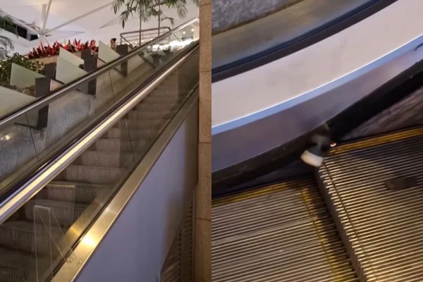 O acidente aconteceu em 6 de abril deste ano, na escada rolante de um shopping em Campinas. A mãe mostrou o ocorrido nas redes sociais - Metrópoles