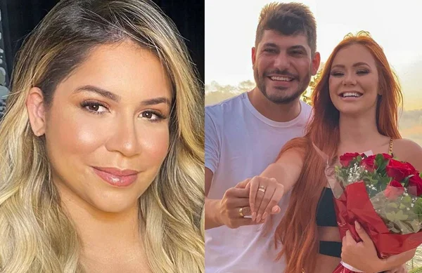 Marília Mendonça à esquerda e Yugni Angelo e Mirella à direita