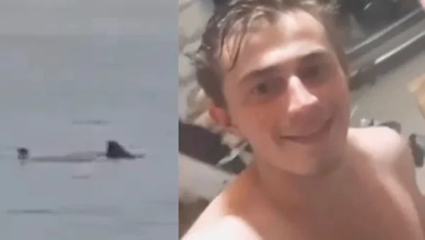 Montagem de ataque de tubarão (a esquerda) e a vítima, o jovem russo Vladimir Popov (a direita) - Metrópoles