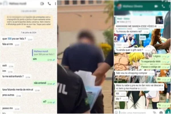 Imagem colorida, print de comversas e homem sendo preso na imagem do meio - Metrópoles