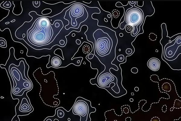 Imagem mostra como a matéria escura (em azul) forma a estrutura invisível que sustenta as galáxias do universo - Metrópoles