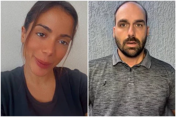 Da esquerda para a direita, Anitta de Blusa preta e cabelos presos e Eduardo Bolsonaro de blusa cinza. Montagem - Metrópoles