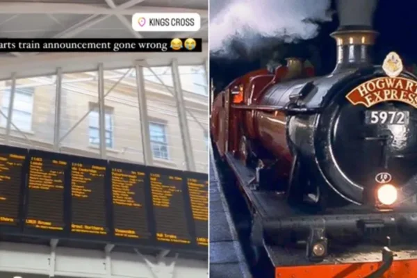 Imagem colorida de uma montagem de um painel de uma estação de Trem e um trem de Harry Potter