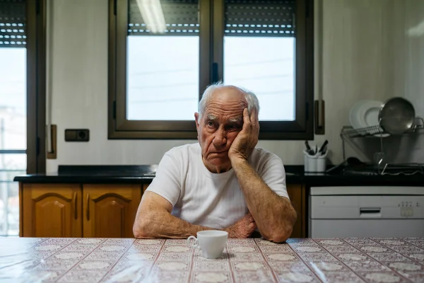 Imagem mostra idoso sentado em uma mesa sozinho, apoiando a cabeça em uma das mãos, ilustrando a solidão - Metrópoles