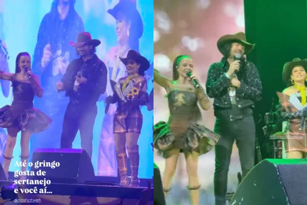 montagem colorida de fotos do show de maiara e maraisa com vocalista da banda magic