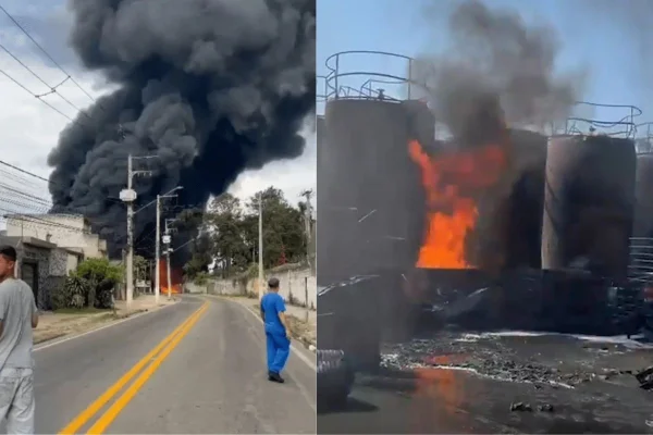 Imagem colorida mostra incêndio em indústria. Metrópoles