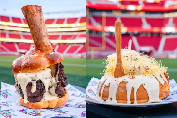 Montagem com itens do menu do Super Bowl 2026