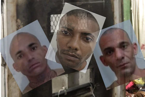 Montagem gráfica com três rostos de homens carecas, dois deles brancos e um preto, orbitando em frente a uma porta de cela de presiddio - Metrópoles