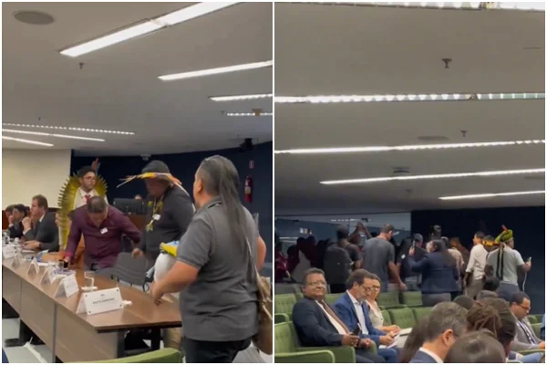 Imagem coloria mostra o momento em que os indígenas na apib deixam a audiência de conciliação - Metrópoles