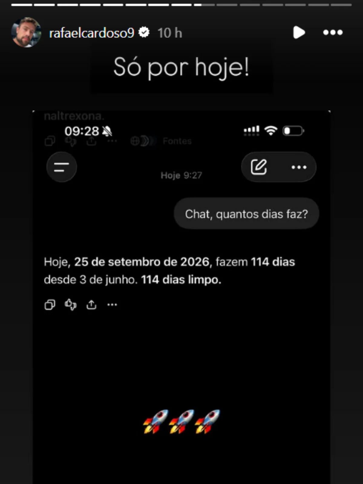 Rafael Cardoso celebrou mais um marco no seu processo de recuperação. Rafael Cardoso celebrou mais um marco no seu processo de recuperação.