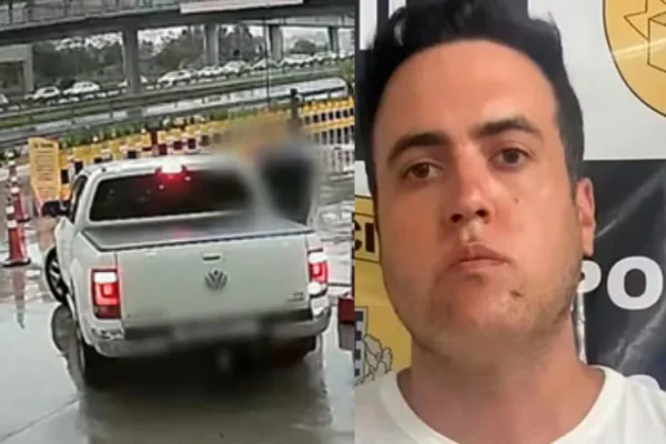 Montagem. Esquerda, caminhonete branca. Direita, rosto de homem branco sem barba sério - Metrópoles