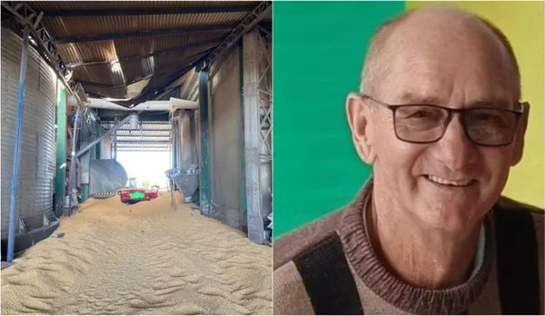 Montagem com fotos coloridas de silo após queda e Odecio Welter - Metrópoles