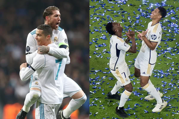 Foto colorida de bellingham, vini jr, sergio Ramos e Cristiano ronaldo - metróples