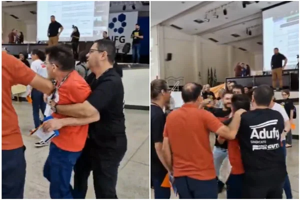 Imagem colorida mosrra agressão durante assembleia da UFG - Metrópoles