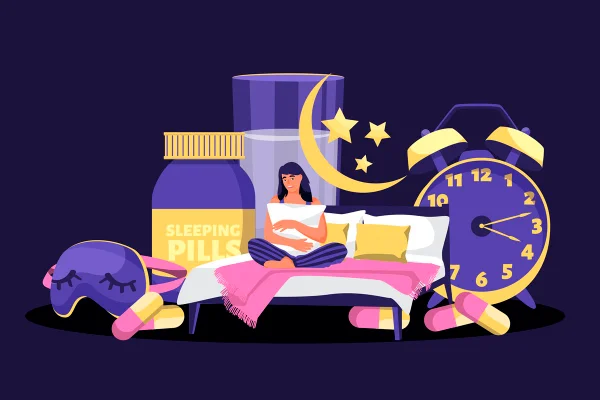Ilustração colorida em fundo preto mostra mulher sentada em uma cama e cercada de remédios e relógios - Metrópoles