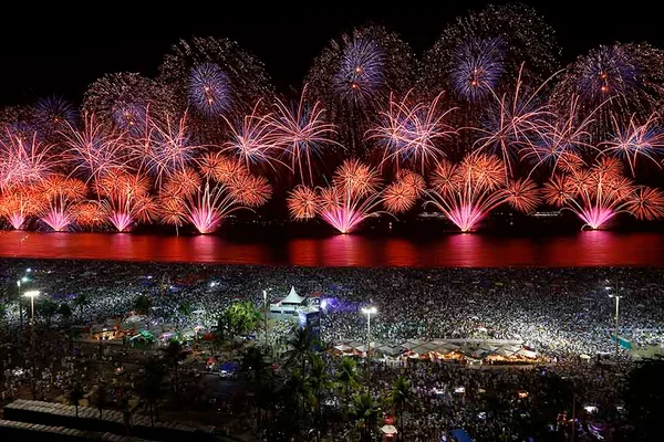 RIO DE JANEIRO, BRAZIL - JANUARY 01: Fireworks are seen on Copacabana beach during New Years Eve Celebration on January 1, 2020, in Rio de Janeiro, Brazil. (Photo by Wagner Meier/Getty Images)