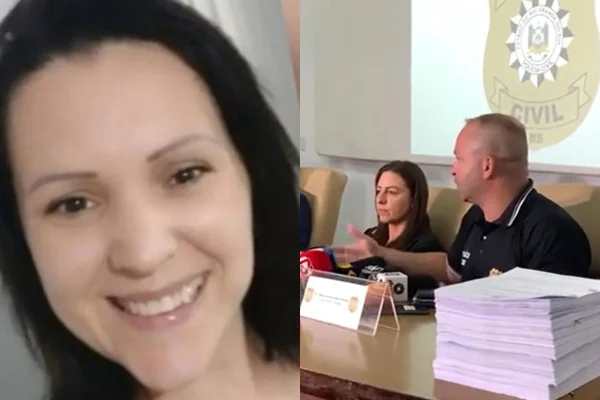 Montagem com fotos coloridas de Deise e de delegados durante coletiva de imprensa Metrópoles