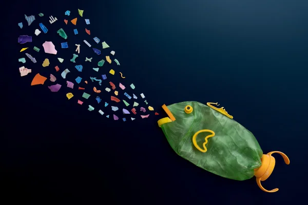 Imagem conceitual da poluição plástica. Microplástico presente em frutos do mar. Metrópoles
