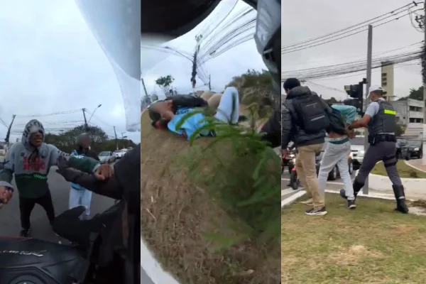 Imagem colorida de montagem com três fotos que mostram tentativa de roubo frustrada e adolescente imobilizado com um mata-leão. Metrópoles