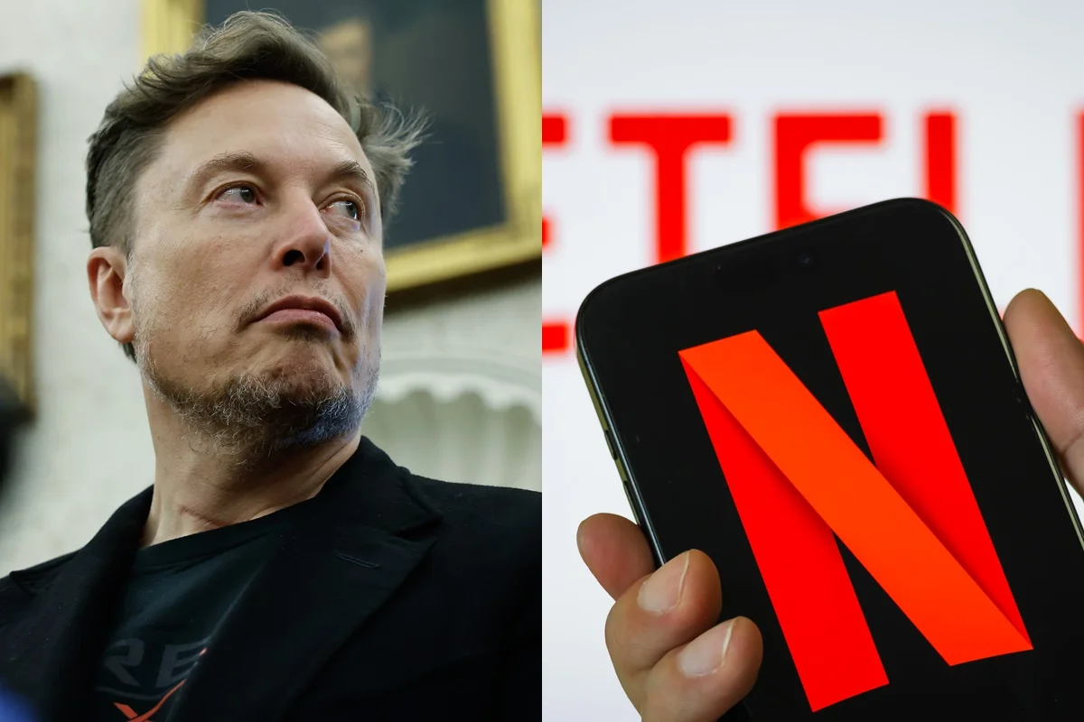 Montagem de imagens. À esquerda o bilionário Elon Musk. À Direta, uma imagem de um celular com a logo da Netflix