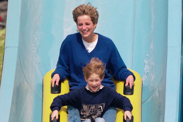 Diana, Princess of Wales, with Prince William, and Prince Harry, at Thorpe Park