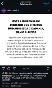 Nota publicada no perfil do MDHC que foi excluída Nota publicada no perfil do MDHC que foi excluída