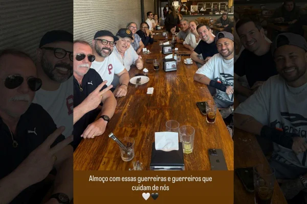 Imagem colorida de Neymar com funcionários do Santos