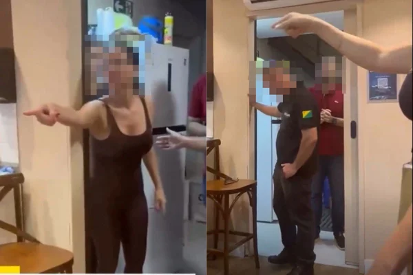 Monstagem com fotos de vídeo de briga em loja de chocolate