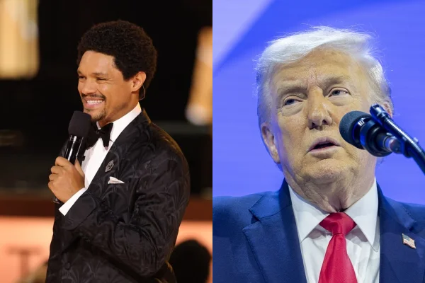 Montagem de imagens de Trevor Noah (na esquerda) e Donald Trump - Metrópoles