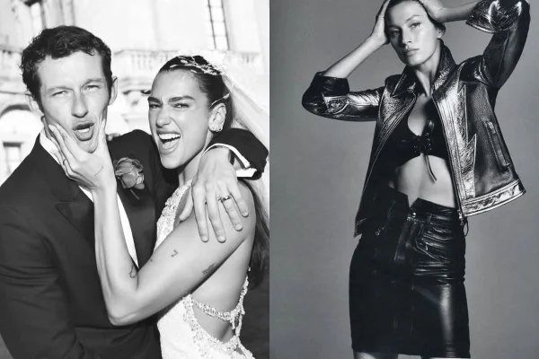 Fotos coloridas do casamento de dua lipa e gisele bundchen posando