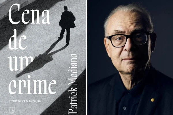 Montagem com a capa do livro "Cena de um crime" e com a foto do escritor Patrick Modiano