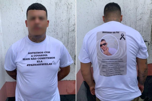 Imagem colorida mostra homem, conhecido como Xeque-Mate, que foi preso ao sair do velório de três integrantes do PCC - Metrópoles