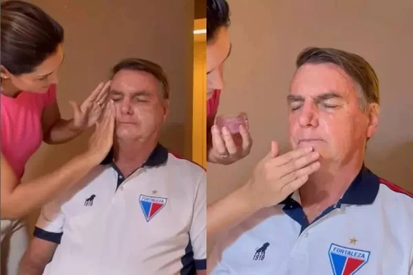 Na imagem, duas fotos do ex-presidente Jari olsonaro fazendo skin care - Metrópoles