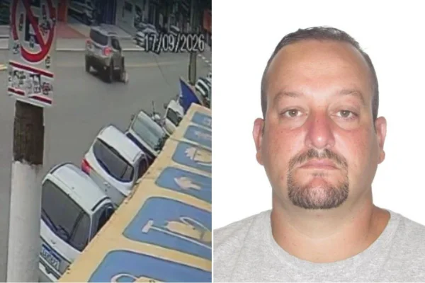 Montagem colorida com vídeo de câmera de segurança e foto de motorista suspeito de atropelar, arrastar e matar homem de 68 anos na zona norte de São Paulo.
