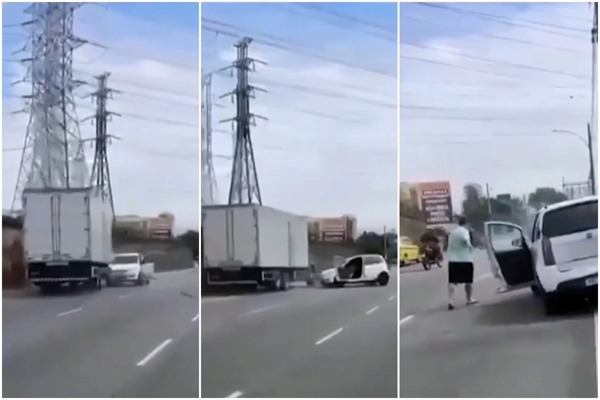 Caminhão arrasta carro após briga de trânsito em viaduto no Rio. Veja vídeo
