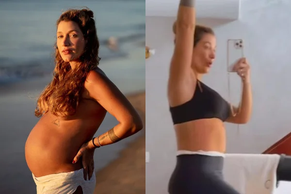 Montagem com duas fotos da influenciadora Gabriela Pugliesi, uma mulher branca, jovem e com cabelo ondulado castanho. Na primeira ela está posando para foto na praia, grávida e sem nenhuma blusa. O cabelo longo tampa os seios e evidencia a barriga. Na segunda, está com roupas de exercício em cima de uma bicicleta de treino de academia. - Metrópoles.