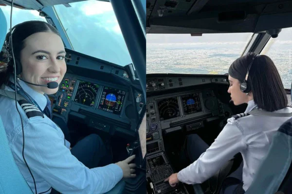 Montagem com duas fotos de uma piloto no cockpit do avião