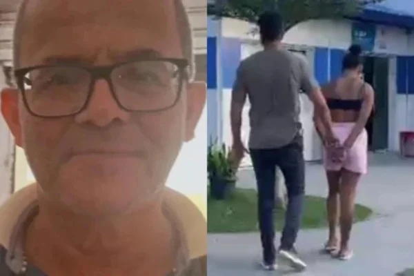 Foto colorida mostra suspeita de matar guarda municipal sendo presa na Bahia. À esquerda, foto do guarda morto