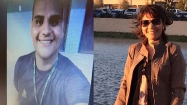 montagem de duas fotos coloridas. À direita está uma mulher em pé com óculos de sol e à esquerda a um homem sorrindo