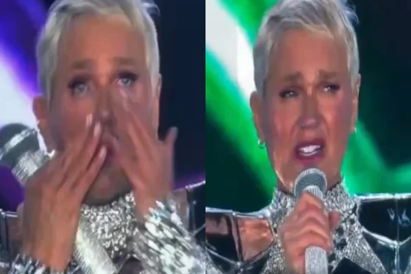 Montagem com duas fotos de Xuxa Meneghel emocionada durante show em São Paulo - Metrópoles