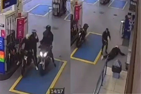 Imagem colorida de homem sendo assassindo em posto de combustíveis