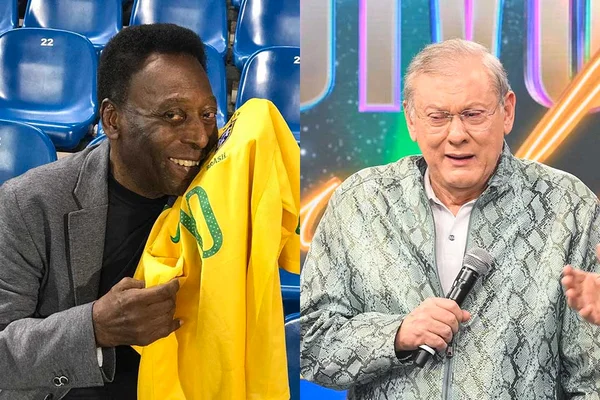 À esquerda, Pelé abraça a camisa da Seleção; à direita, Milton Neves chora no Faustão na Band - Metrópoles