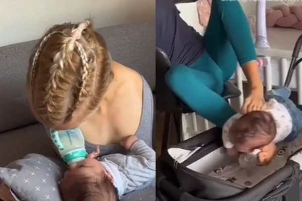 Na foto à esquerda, uma mulher sem os braços dando mamadeira para um bebê. Na foto à direita, mulher sem os braços segurando um bebê pelos pés - Metrópoles