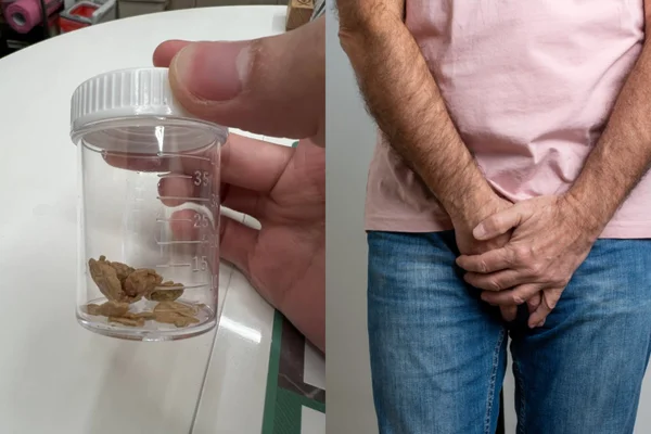Montagem mostra pote com pedras e um homem segurando o pênis