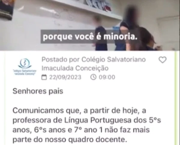 Imagem colorida de trecho do vídeo gravado por aluno onde professora usa linguagem neutra - Metrópoles