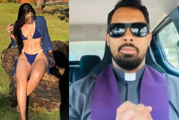 mulher de biquíni ao lado de padre