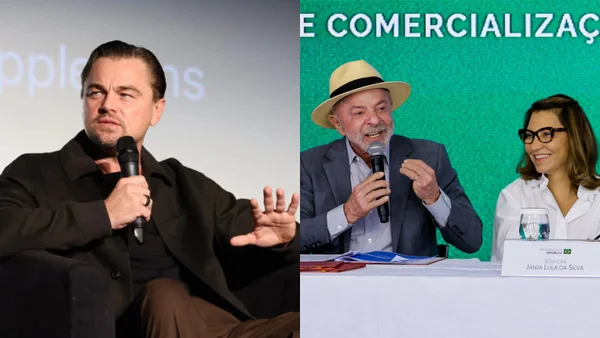 Montagem com fotos do ator Leonardo DiCaprio, o presidente Lula e a primeira-dama Janja