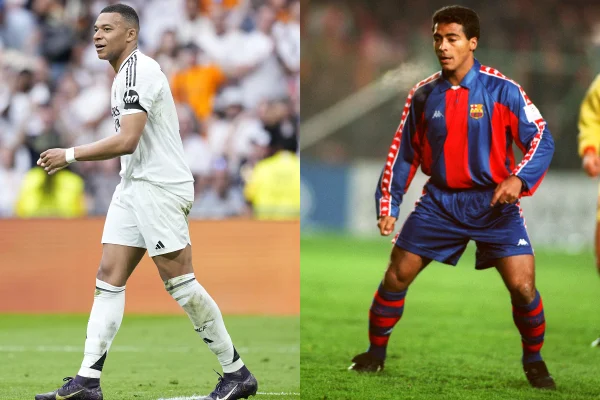Foto colorida de Kylian Mbappé, do Real Madrid, e Romário no Barcelona - Metrópoles